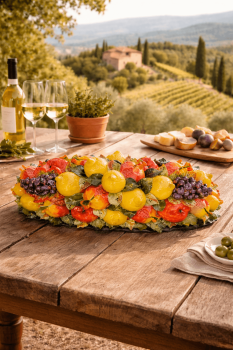 Toskanische Tischdekoration aus Keramik mit Früchten